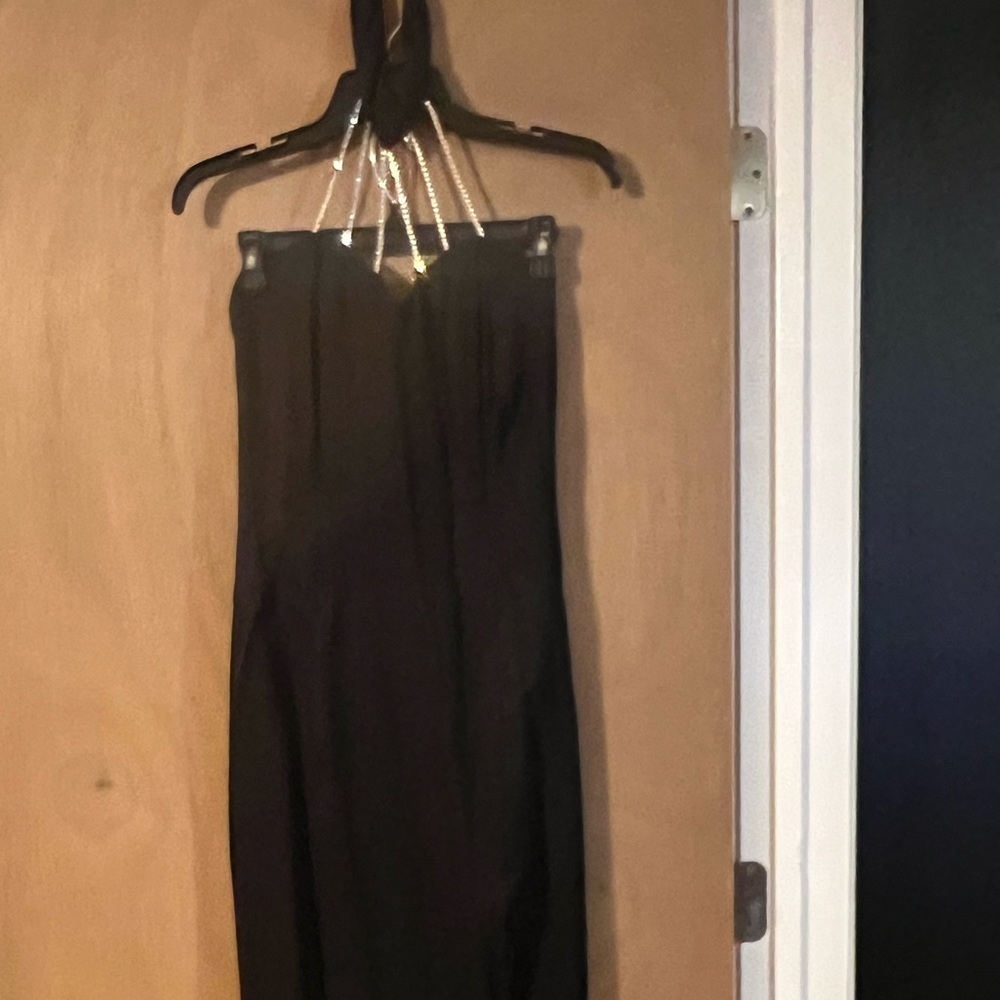 Formal black with Rhinestone neck and slit on left side- Fully lined -Size S